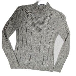 Mock Neck Sweater Gray Cable Knit Open Weave Faux Pearl Beaded Long Sleeve XS